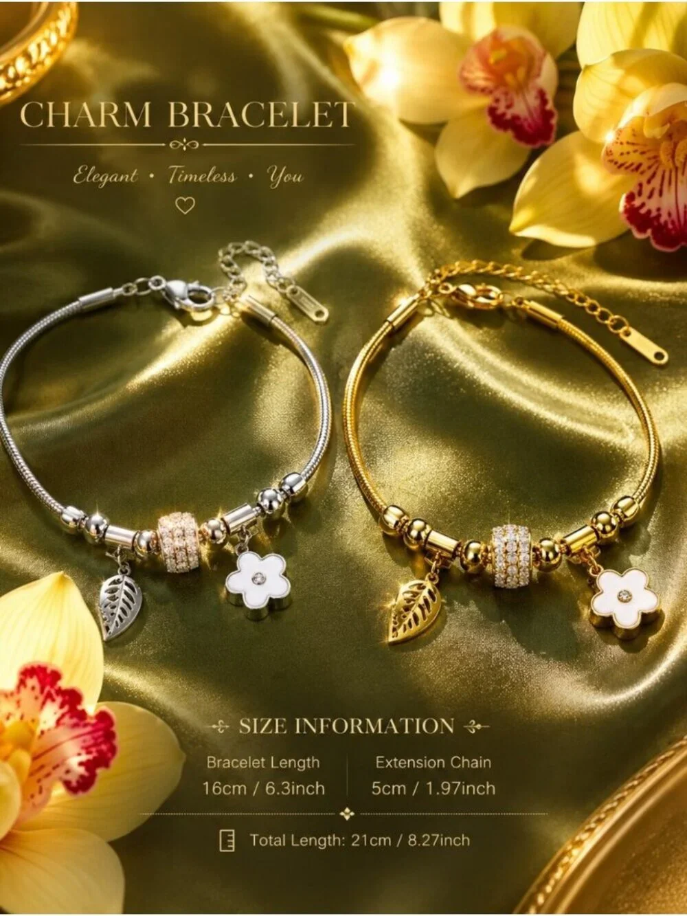 Gold Floral & Leaf Charm Bracelet